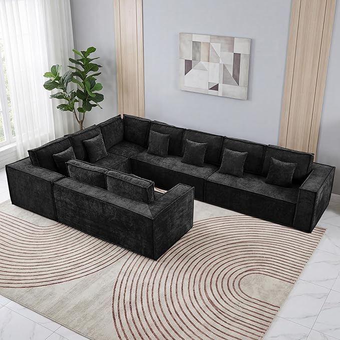 167'' Boneless Chenille U Shaped Couch, Oversized Modular Sectional 9 Seater Sofa, Modern Deep Seat Corner Cloud Compressed Couch, No Assembly Sleeper Sofa with Chaise for Living Room, Black