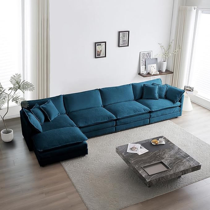 mikibama Modular Sectional Sofa, 146.5 Inch L Shaped Couch Set for Living Room, 4-Seater Comfy Cloud Couches with Movable Ottoman, DIY Combination, Chenille, Blue