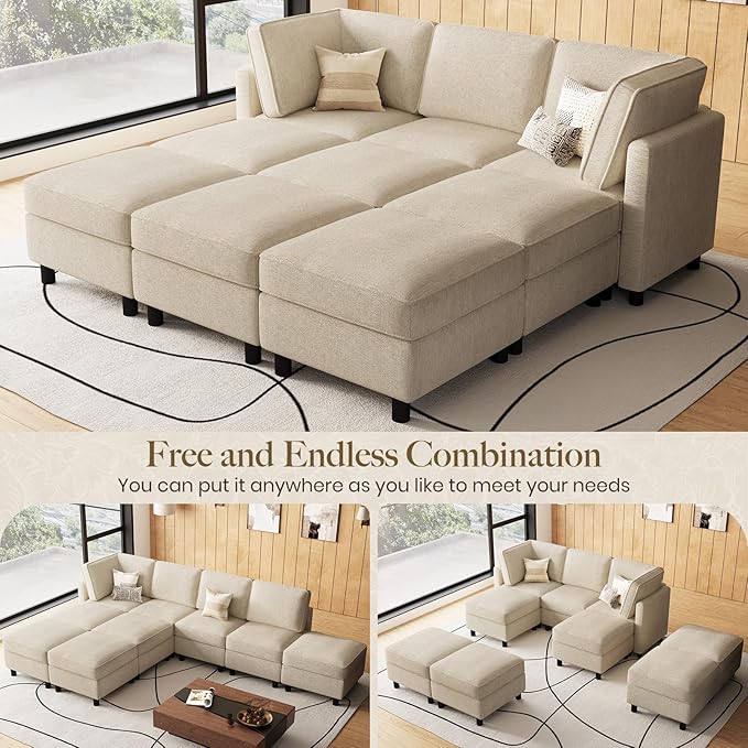 Belffin 84.3" 9 Seats Sleeper Sofa Modular Sectional Sofa Washable Sectional Couches for Living Room Comfy Couches with Storage Seat Couch Sofas with Chaise,Beige