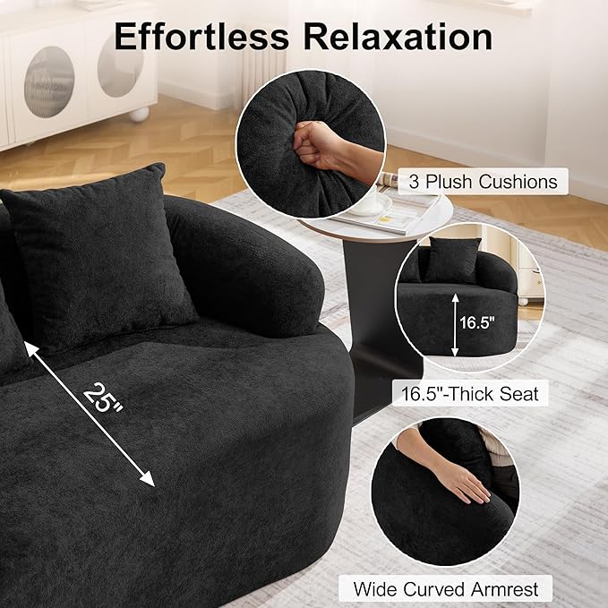 65" Boneless Curved Loveseat Sofa, Deep Seat Love Seat Couches, Modern 2 Seater Curved Couch with 3 Throw Pillows, Compressed Floor Sofa for Living Room Small Spaces, No Assembly, Black