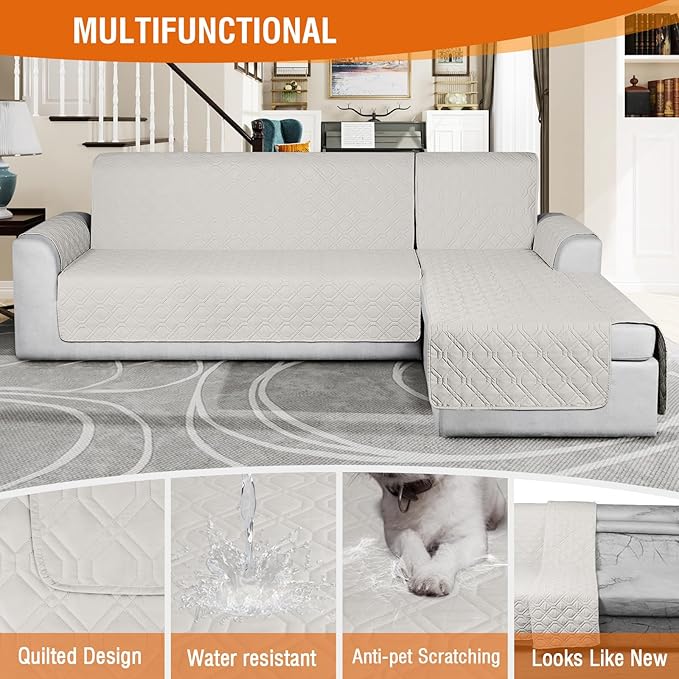 VANSOFY Sectional Couch Covers 100% Waterproof L Shaped Sofa Slipcover 3pcs Reversible Chaise Lounge Cover for Sectional Sofa Furniture Protector Cover for Pets Dog Cat(Large, Beige)