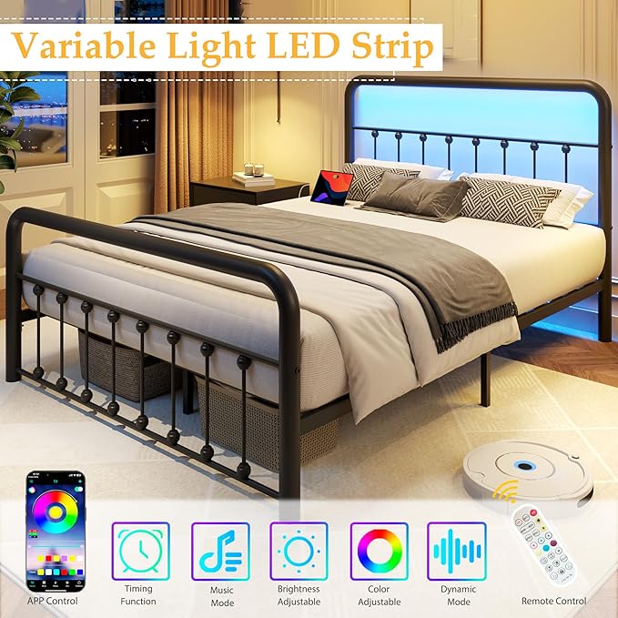 Fluest 14 Inch Queen Bed Frame Classic Metal Platform Bed Frame with Charging Station & LED, Victorian Style Iron-Art Headboard/Footboard, Under Bed Storage, No Box Spring Needed, Noise Free