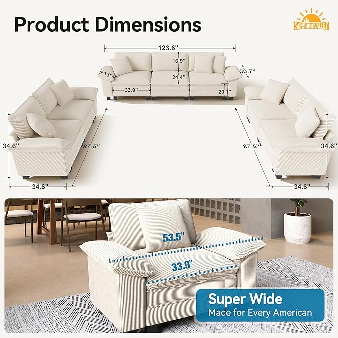 3 Piece Living Room Sofa Furniture Set, Corduroy Modular 2 Loveseat and 3-Seat Couch with Pillow, Oversized 7-Seat Modern Sectional Cloud Deep Sofa for Apartment, Beige