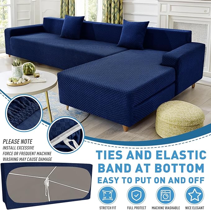 ZNSAYOTX Sectional Couch Covers, Stretch Jacquard Slipcovers with Elastic Bottom for L-Shape Sectional Sofa, 2 Pcs Pet Friendly Modular Sofa Protector (3 Seat Couch + 2 Seat Chaise, Navy Blue)