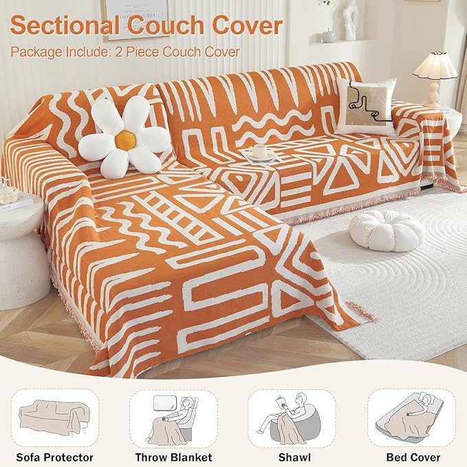 OstepDecor Boho Sectional Couch Covers 2 Pieces, L Shaped Sofa Cover, Chenille Couch Cover for Dogs Washable, Couch Cover Blanket, Sofa Slipcover for 2-3 Cushion Couch (71"x118"+91"x134", Orange)
