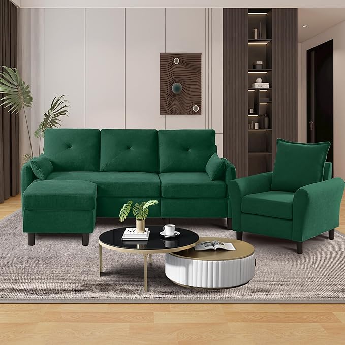Convertible Sectional Sofa, 77" Small L Shaped 3 Seat Couch with Reversible Storage Chaise, and Accent Chair Set Modern Polyester Fabric Sofa Couches for Living Room, Apartment, Green