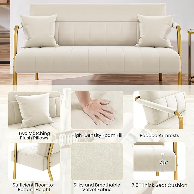 Yaheetech 56.5" W Modern Sofa Small Sofa Luxurious Velvet Fabric Couch with Gold-Tone Metal Arms and Legs for Living Room, Home Office, Studio Beige