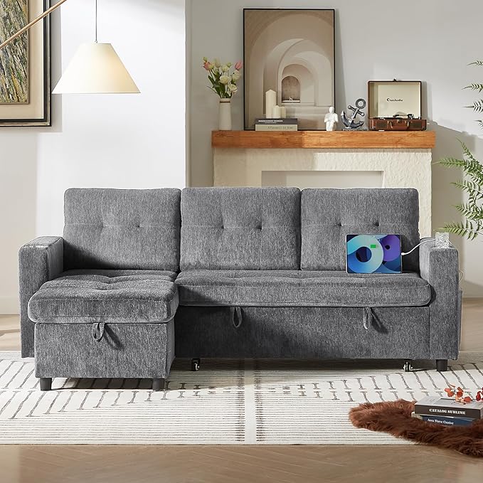 ONBRILL Sleeper Sofa,L-Shaped Sectional Sofa Bed with Storage Chaise,Tool-Free Assembly,Reversible 3 in 1 Pull Out Couch,Couches for Living Room,Apartment,Chenille,Grey