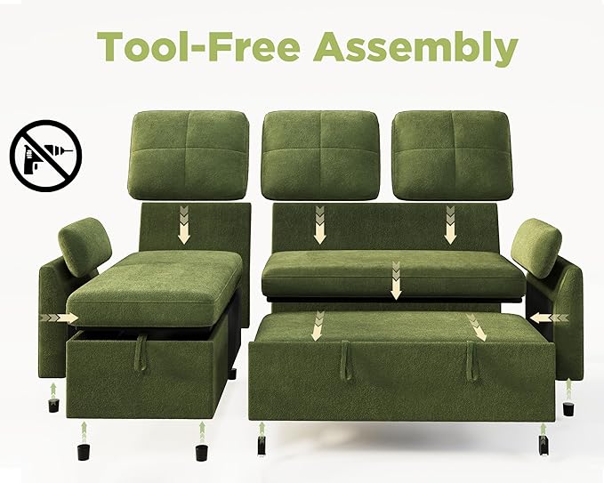 VanAcc Sleeper Sofa, Sofa Bed with Storage Chaise, Convertible Sofa Bed with Pull Out Couch, l Shaped Couch for Living Room, Linen Green