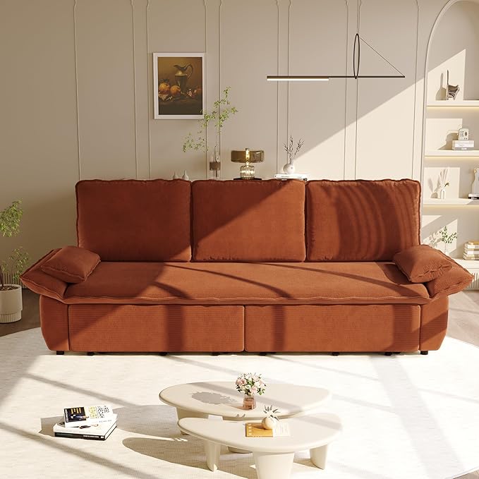 KEIKI 94.5'' King Size Sleeper Sofa Bed, 3-in-1 Convertible Pull Out Couch with Cloud Recliner Design, Corduroy Futon Loveseat Sofa for Living Room, Guest Hosting, Modern 3 Seater Couch