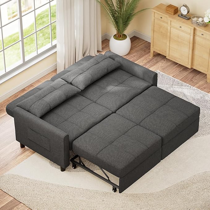 Aiho 58" Sleeper Sofa Bed, Pull-Out Couch with Adjustable Backrest and Side Pocket for Living Room (Dark Gray)