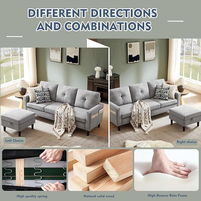 79" Convertible Sectional Sofa, Small L Shaped 3 Seat Couch with Storage Chaise and Side Pocket, Modern Linen Fabric Reversible Sofa Couches for Living Room, Apartment and Small Space