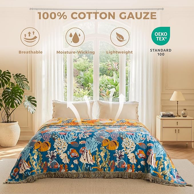 LUTBM Throw Blanket for Couch Sofa 100% Cotton Blankets for Bedroom Living Room Spring Soft All Season Reversible Underwater Ocean Life Embroidery Throws Coastal Home Decor 50"x60"