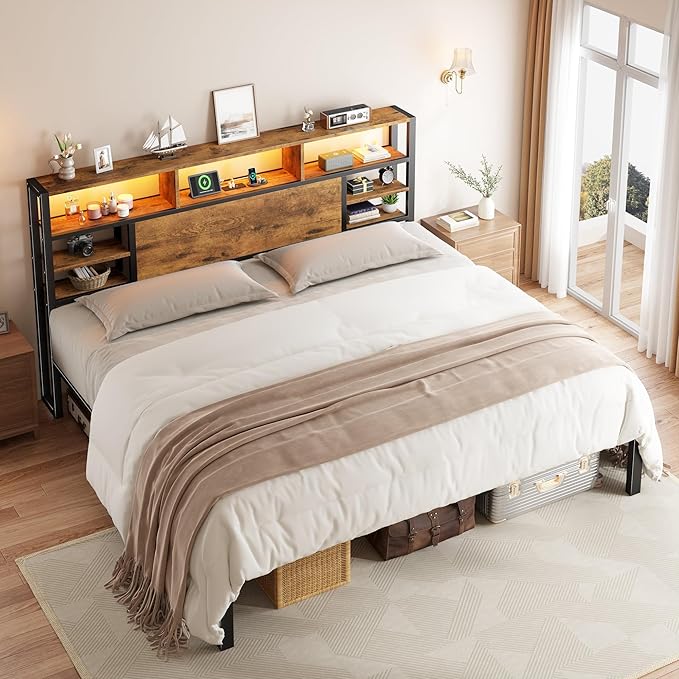 Homkdom King Size Bed Frame with Storage Headboard, LED Lights & Charging Station Heavy Duty Metal Platform Bed for Bedrooms, 1100 LBS Capacity, No Box Spring Needed, Easy Assembly，Vintage Brown