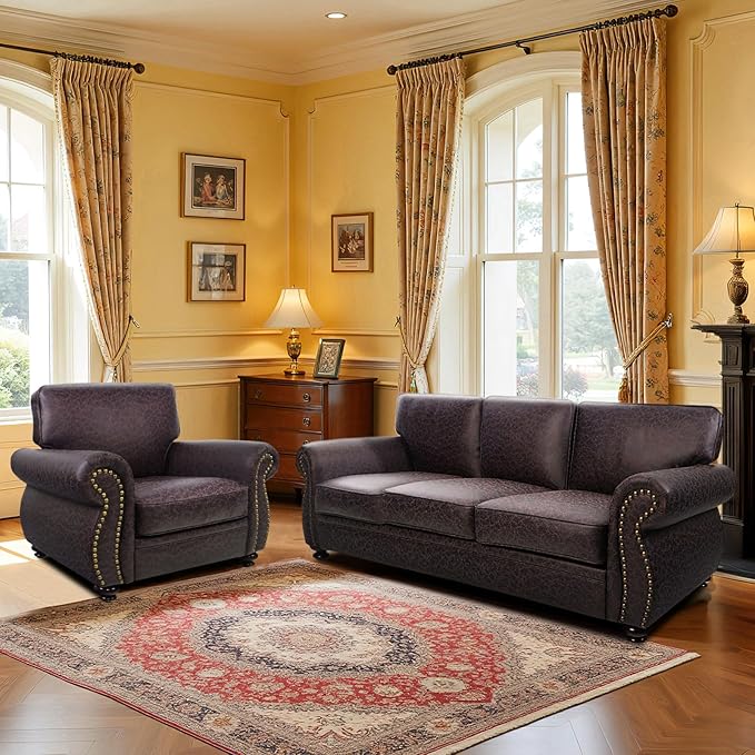 Living Room Furniture Sets,Sofa Sets and Couch Sets for Living Room,Mid-Century Vintage Sofa Couches with Rivet Design (Brown, Single+3 Seater)