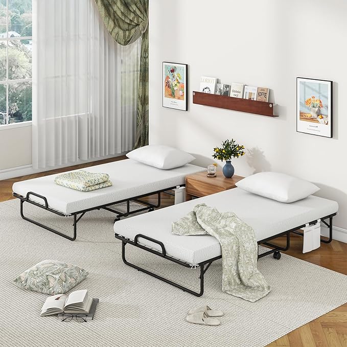 Giantex Folding Bed with Mattress and Top Pillow, Twin Size Portable Guest Beds w/Metal Frame, Storage Pocket, Space-Saving Rollaway Foldable Bed with Memory Foam Mattress for Adults, 75" x 39"