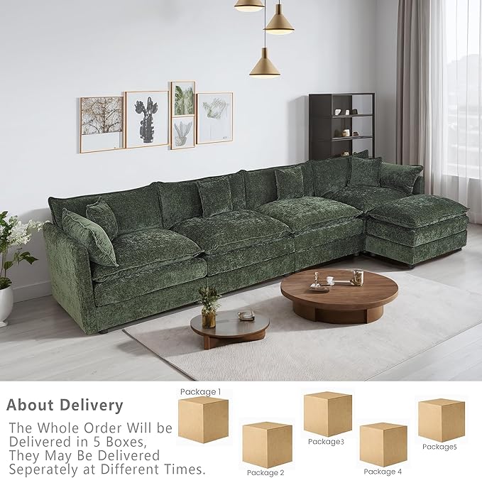 Setawix Deep 4 Seater Couch with Ottoman,147.22" L-Shaped Cloud Couches for Living Room,Chenille Cloud Sofa Couch with Deep Seat,Modular Sectional L Shape 4 Seat Sofa for Bedroom (Green, 4+1)