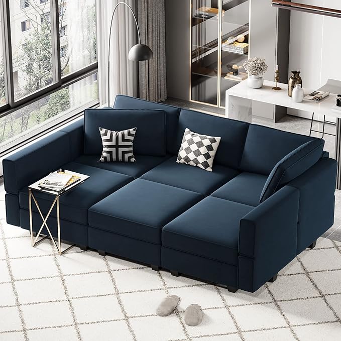Belffin Modular Velvet Sectional Sofa with Chaise Lounge Sectional Sleeper Sofa with Storage Chaise Bed Couch for Living Room Blue