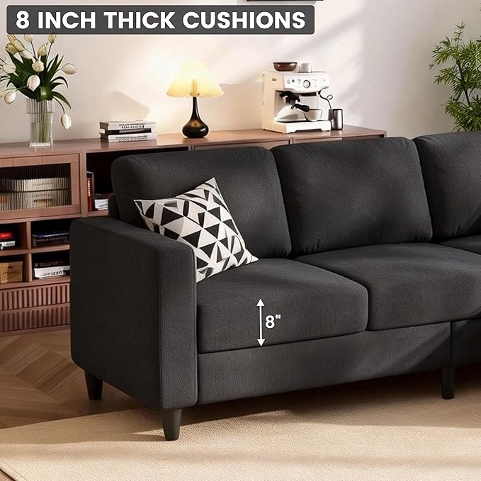 73" Sectional Sofa Couch for Living Room, Black Convertible L Shaped Sofa with Reversible Ottoman, 8" Extra Thick High-Density Cushions, Modern Velvet Fabric 3 Seater Sofa for Small Space