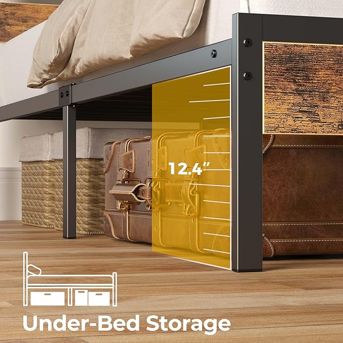 Rolanstar Bed Frame King Size with USB Charging Station, LED Bed Frame with Wood Storage Headboard, Rustic Brown Metal Platform Bed with Under Bed Storage, No Box Spring Needed, Noise Free