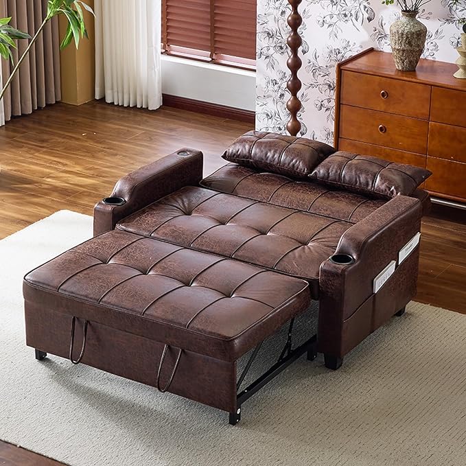 VINGLI Rustic Futon Sofa Bed Convertible Loveseat Sleeper Sofa Couch, Pullout Sofa Fold Out Couch Bed with USB Ports, Cup Holders, Armrest for Living Room, Bedroom Apartment Room | Loveseat Sleeper