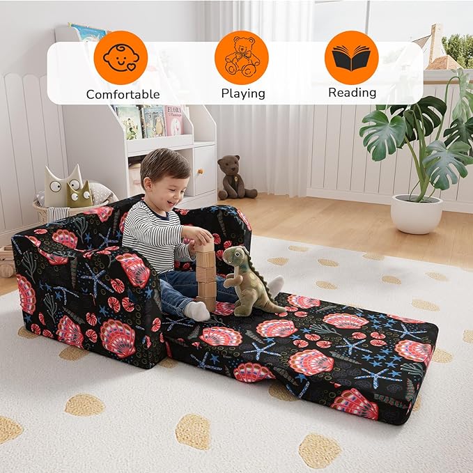 MeMoreCool Folding Kids Couch – 2-in-1 Toddler Sofa Bed, Lounge Chair for Ages 1-3, Playroom Furniture with Removable Cover Lightweight & Portable | Washable | Ideal for Naptime or Travel