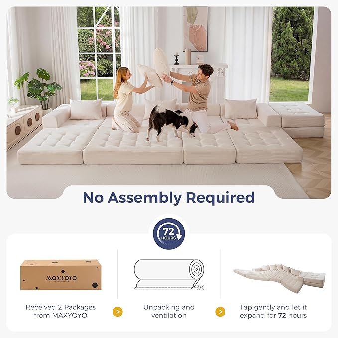 MAXYOYO Modular Sectional Sofa Couch, Foldable U Shaped Cloud Couch with Pillows, Tufted 6-Seat Boneless Sleeper Lounger Floor Sofa Bed for Living Room, No Assembly Required, Beige