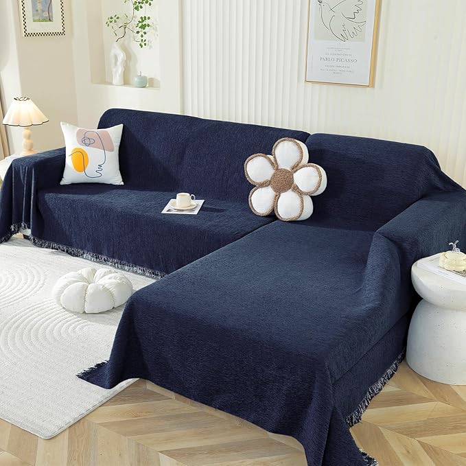 OstepDecor Sectional Couch Covers 2 Pieces, L Shaped Sofa Cover, Chenille Couch Cover for Dogs Washable, Couch Cover Blanket, Sofa Slipcover for 2-3 Cushion Couch (71"x118"+71"x118", Navy Blue)