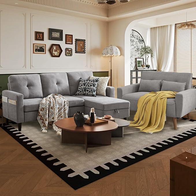 Convertible Sectional Sofa Set, Small L Shaped 3-Seat Couch with Reversible Chaise and Loveseat Sofa, Modern Polyester Sofas Couches for Living Room, Light Grey | L Shaped 3-Seat, Reversible Chaise, Loveseat Sofa, Modern Polyester, For Living Room