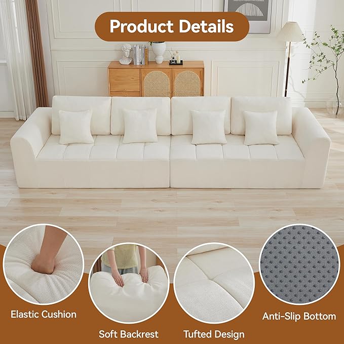 140''Modular Sectional Couches for Living Room, Cloud Boneless Compressed Sectional Sofa, Oversized 4 Seater Upholstered Memory Foam Sofa, No Assembly, Chenille Beige