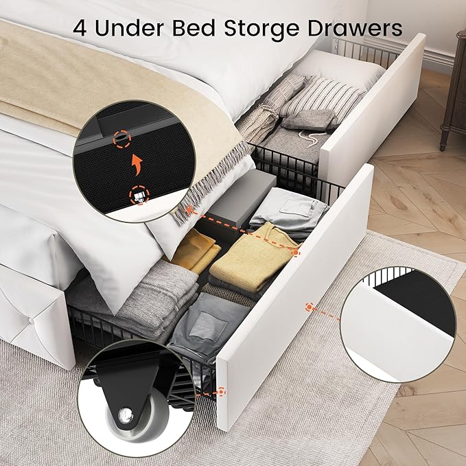 LARMACE Queen Size Bed Frame with 4 Storage Drawers and 47.2" Tall Wingback Headboard Velvet Upholstered Platform Bed Frame Tufted Beds with Wooden Slats Support, Easy Assembly, White
