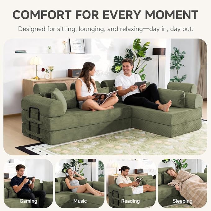 106" L-Shaped Boneless Sectional Couch, 2-Piece 70.87" Modules, Converts to 141.7" Extra-Long Straight Sofa, Corduroy Couch in a Box with Headrest & Back Pillows for Living Room, Light Green