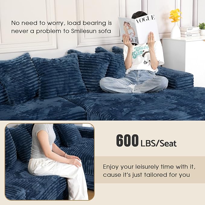 smilesun Luxe Oversized L Shaped Sofa with Chaise，Comfy Faux Fur Plush L Shaped Sectional Couches with 8 Pillows，Soft Fluffy Upholstered Sofa Bed for Living Room Apartment Bedroom (Navy Blue)