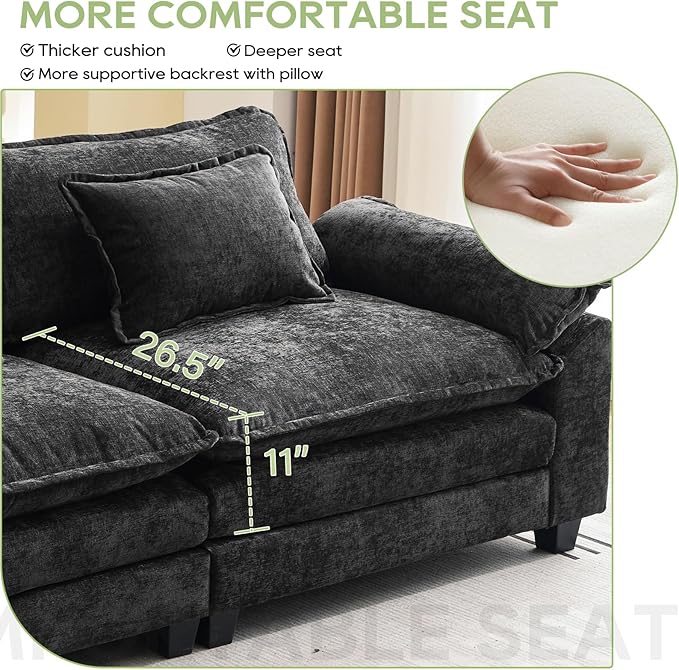 86" Modular Sectional Sofa, Comfy Cloud Couch Sectional Sofa with Ottoman, Chenille Sofa Sleeper Deep Seat Sofa with Throw Pillows for Living Room (Black, 86"- Loveseat)