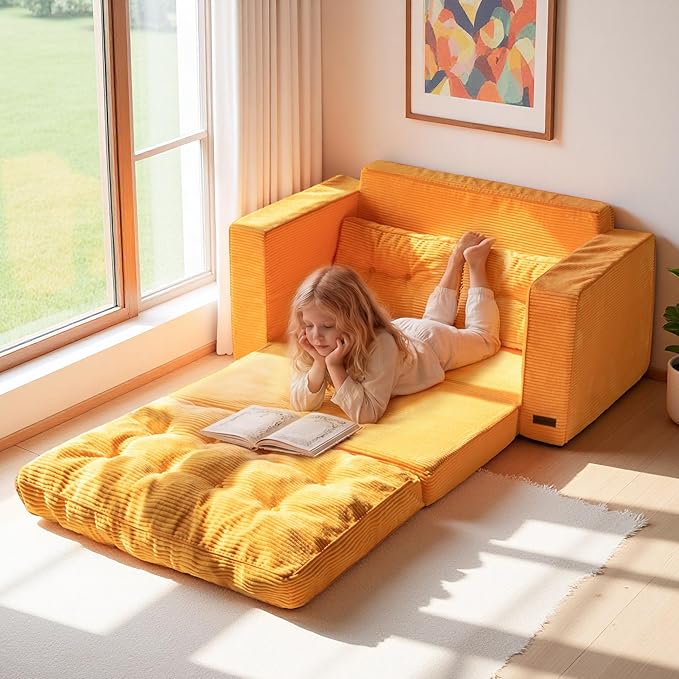 MAXYOYO Convertible Sofa Bed, Pull Out Loveseat Sleeper Sofa, 2 in 1 Folding Couch Bed, Fold Out Floor Couch with Pillows for Living Room Bedroom Lounge, Orange