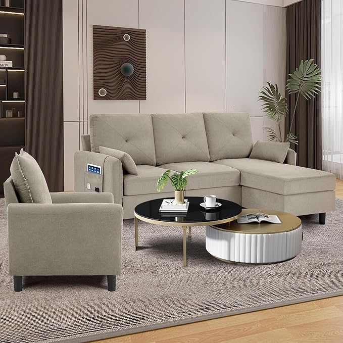 Convertible Sectional Sofa, 77" Small L Shaped 3 Seat Couch with Reversible Storage Chaise, and Accent Chair Set Modern Polyester Fabric Sofa Couches for Living Room, Apartment, Beige