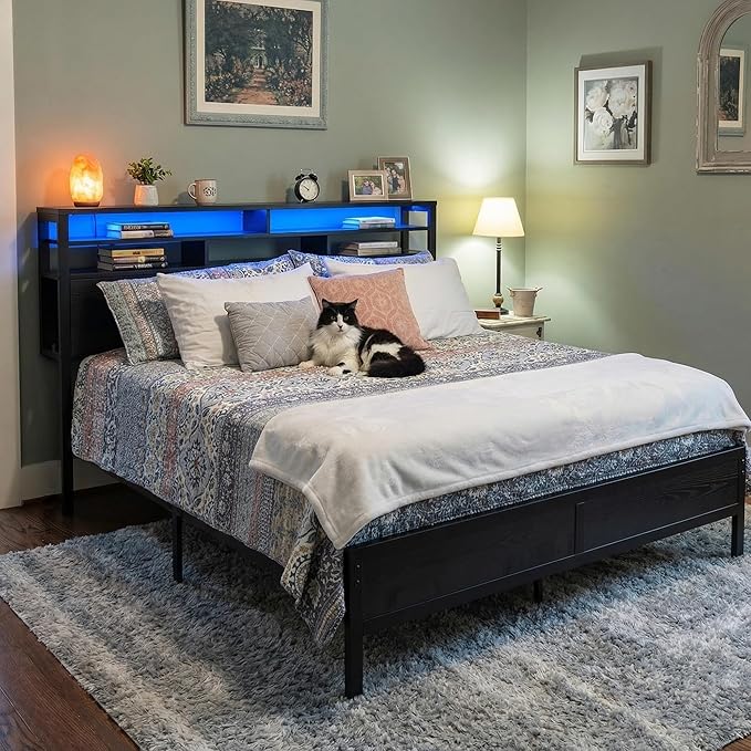 Homkdom King Size Bed Frame with 2-Tier Storage Headboard and 4 Drawers,King Bed Frame with LED Light & Charging Ports,Metal Platform Bed Frame,1100LB-Heavy Duty for Apartment,Guest Room,Modern Black