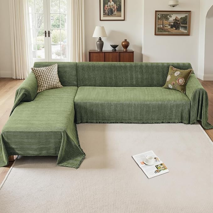 Sectional Couch Covers 2 Pieces, Chenille L Shaped Couch Cover Blanket for Sectional Sofa with Herringbone Pattern Washable Sofa Slipcovers (XX-Large: 71" x 118" + 71" x 118", Green)
