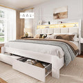 BRELTAM Queen Size Bed Frame with 2 Storage Drawers and 2-Tier Headboard,Upholstered Wooden Platform Bed with Charging Station, LED Lights,Noise-Free/Metal Support/No Box Spring Needed,White