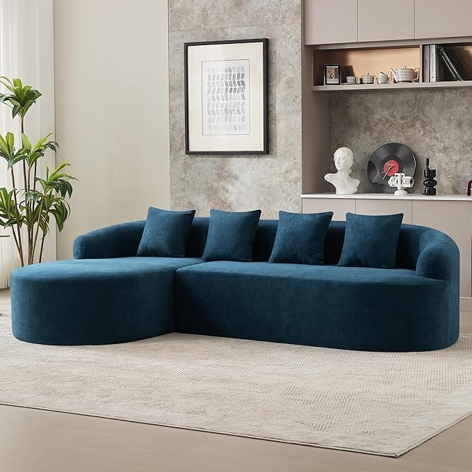 Boneless L Shaped Sofa Couch, Oversized Sectional Curved Cloud Sofa with Chaise Lounge, Chenille 4 Seats Deep Seat Couches for Living Room, No Assembly, Blue