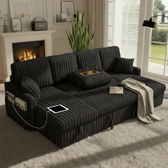 104" U Shaped Sleeper Sofa Bed, Sectional Couches for Living Room, Plush Corduroy Pull Out Couch Bed with Storage, Modular Sectional Couch with Charging Station, Cup Holder, Side Pocket, Black