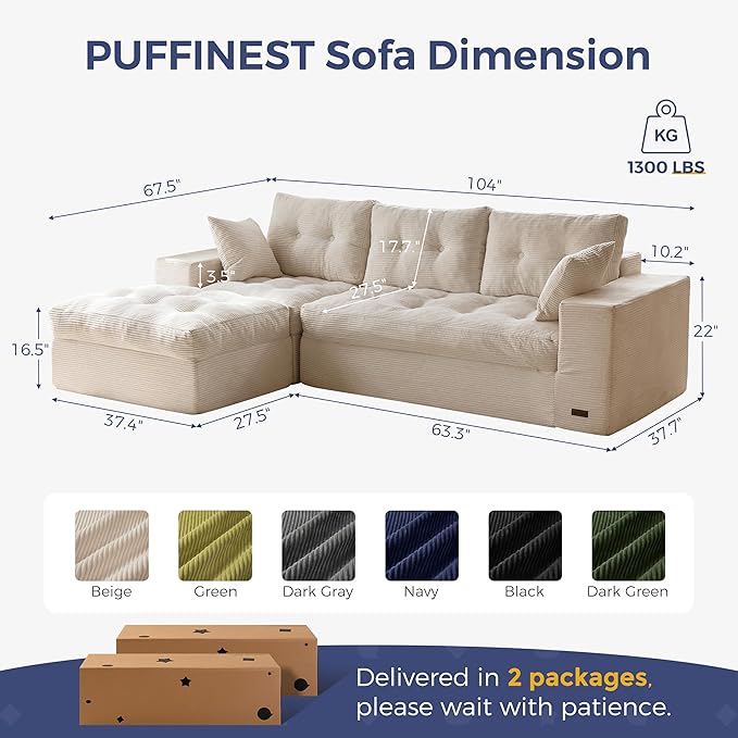 MAXYOYO 104" L Shaped Modular Sectional Sofa with Ottoman, Cloud Boneless Couch with Layered Cushion, Upholstered Sofa in a Box, Flexible Module Combination for Living Room, No Assembly, Beige