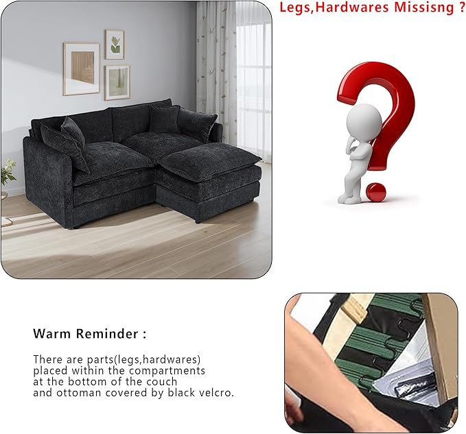 Setawix Deep Loveseat Couch with Ottoman,Large L-Shaped 2 Seater Cloud Couches for Living Room,77.16" Chenille Cloud Sofas with Deep Seat,Modular Sectional 2 Seat Sofa for Bedroom (Black, 2+1)