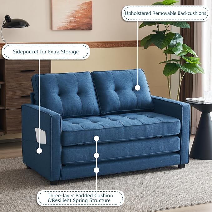 VINGLI Upgraded Loveseat Sleeper, 53.5" W 80" L Convertible Sofa Bed Couch Futon Couches for Living Room, Folding Couch Bed for Small Spaces, Foldable Floor Gaming Sofa Bed for Basement, Navy Blue