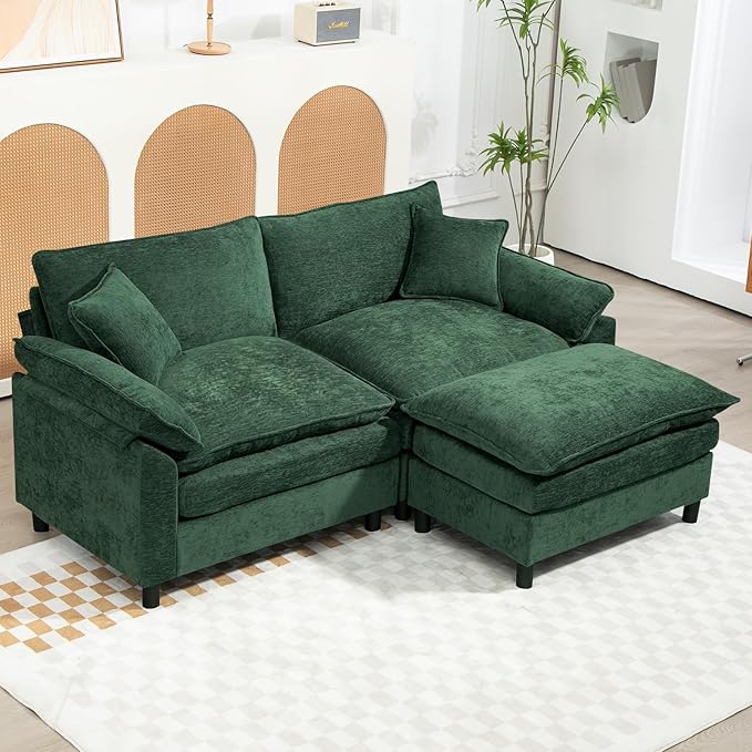 Oversized Modular Sectional Sofa, 80 Inch L Shaped Cloud Couch Set, 2-Seat Comfy Convertible Sofa with 1 Movable Ottoman, DIY Combination Sleeper Couch for Living Room(Chenille, Green)