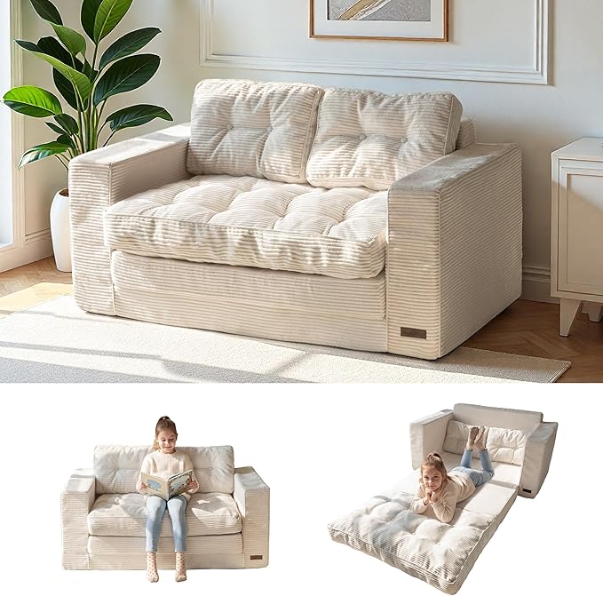 MAXYOYO Convertible Sofa Bed, Pull Out Loveseat Sleeper Sofa, 2 in 1 Folding Couch Bed, Fold Out Floor Couch with Pillows for Living Room Bedroom Lounge, Beige