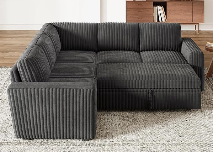 HONBAY Modular Sectional Sleeper Sofa with Pull Out Bed,Corduroy L Shaped Couch with Storage, Sectional Couches for Living Room,Dark Grey