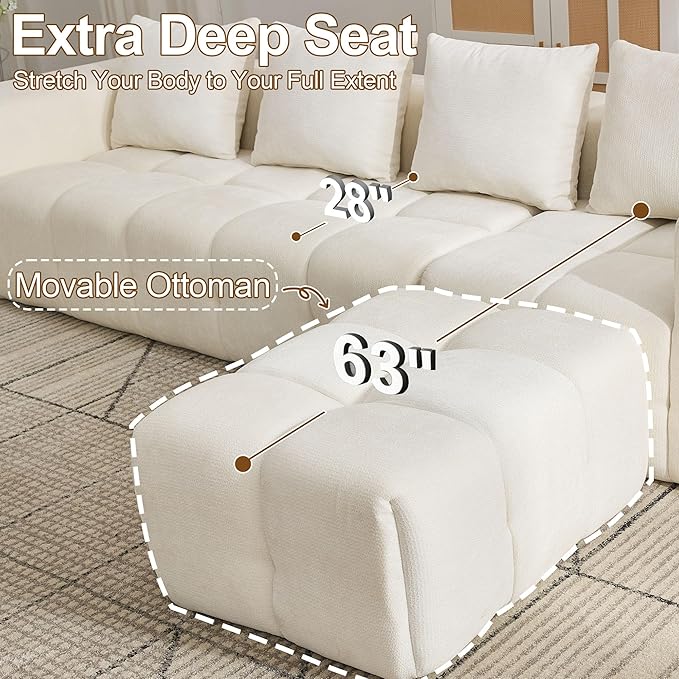 119" Boneless Couch, Cloud Sectional Couch with Deep Seat, High-Density Memory Foam and Chaise, Sectional L Shaped Sofa, Boneless Couches for Living Room, No Assembly Required Tufted Sofa, Beige