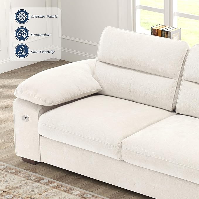 WorthFurni Sofas for Living Room, Chenille Pillow-Armrest Loveseat Couch Set, Small Sofa, 3 Seater Sofa, USB Charging, Removable Sofa Cover, Solid Wood Frame, Easy to Install (71.5 inch, Beige)