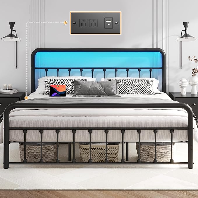 Fluest 14 Inch King Bed Frame Classic Metal Platform Bed Frame with Charging Station & LED, Victorian Style Iron-Art Headboard/Footboard, Under Bed Storage, No Box Spring Needed, Noise Free